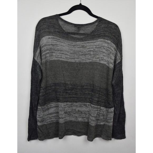Eileen Fisher Womens Sweater Open Knit Linen Gray Striped Long Sleeve Sz Medium - Picture 12 of 16